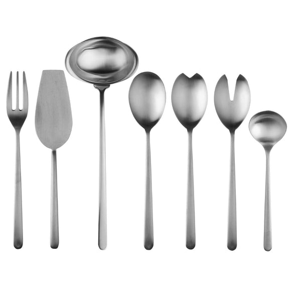 Set of silver cutlery including forks, spoons, and ladle on a white background