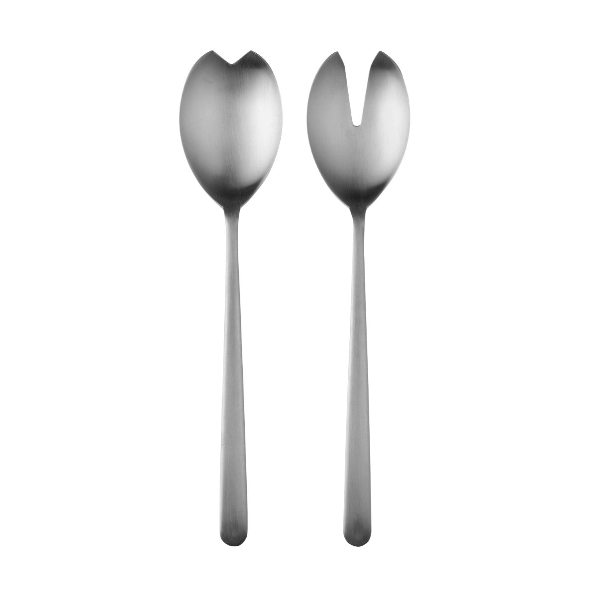Two silver salad servers on a white background