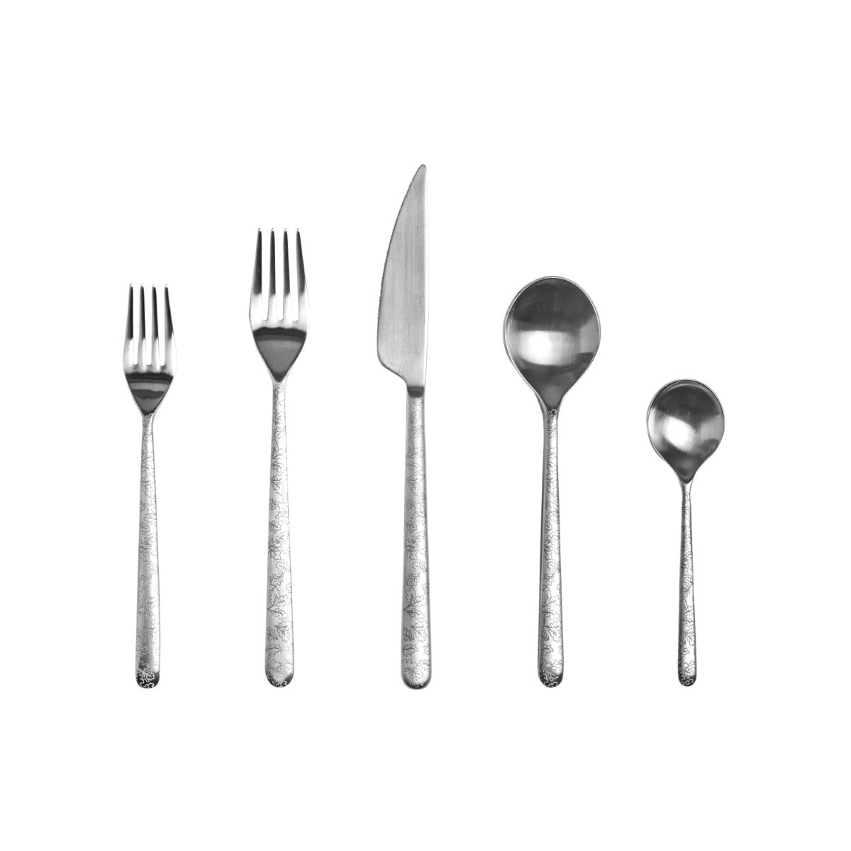 Set of silver cutlery including forks, knife, and spoons on a white background