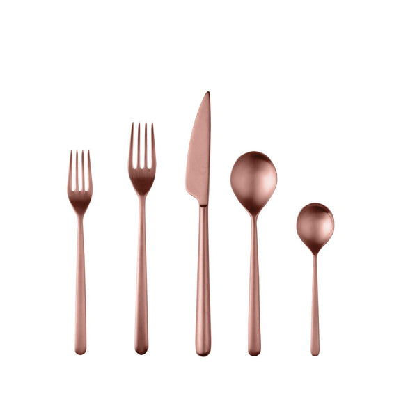 Set of rose gold cutlery including fork, knife, and spoons on a white background