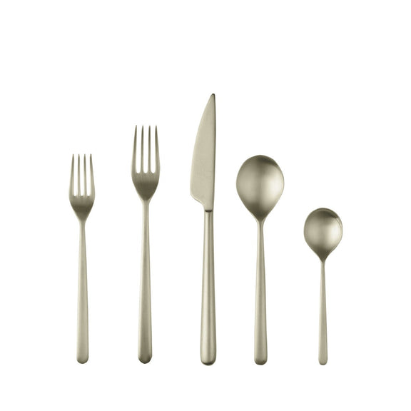 Set of silver cutlery including fork, knife, and spoons on a white background