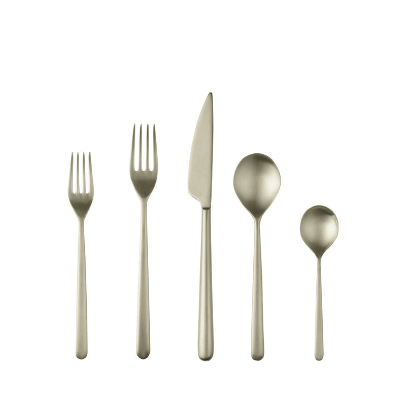 Set of silver cutlery including fork, knife, and spoons on a white background