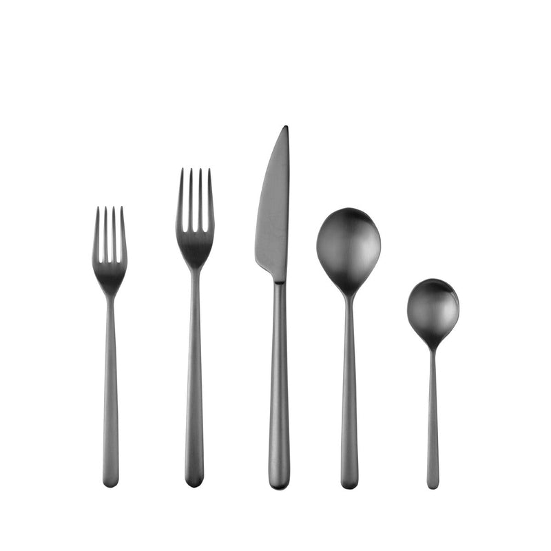 Set of black cutlery including fork, knife, and spoons on a white background