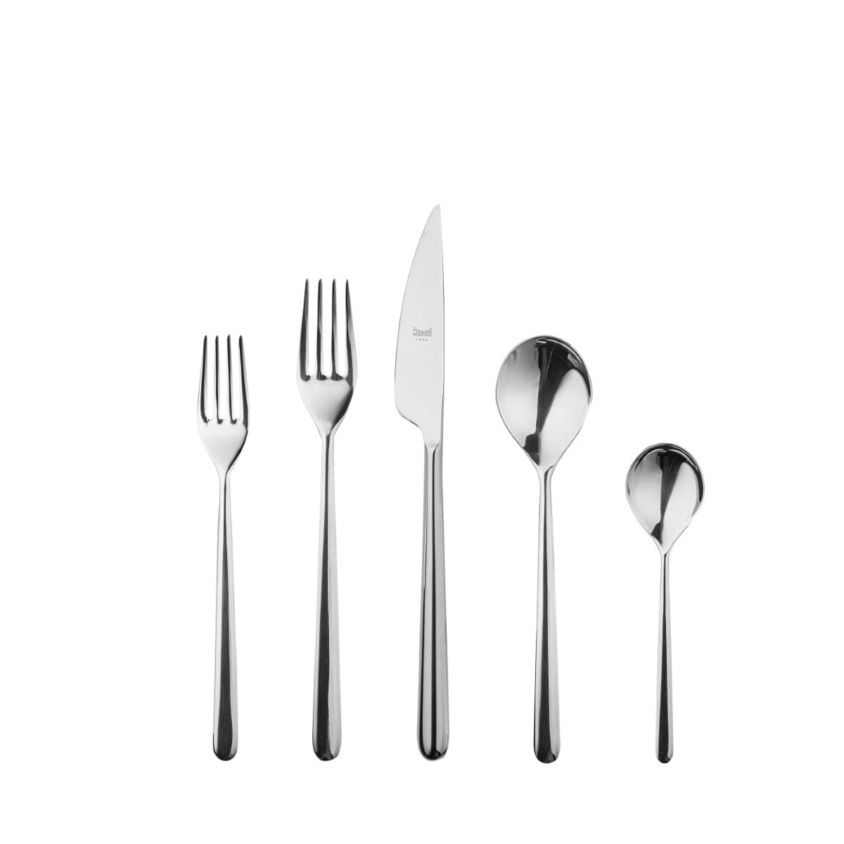 Set of silver cutlery including forks, knife, and spoons on a white background