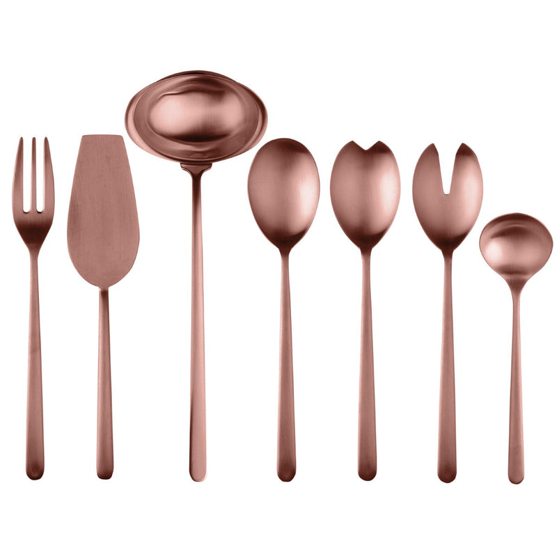 Set of rose gold flatware including a fork, knife, ladle, and spoons on a white background.