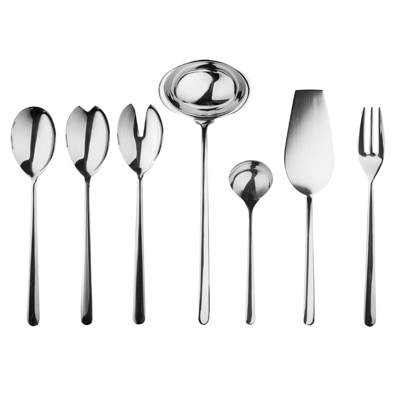 Set of silver cutlery including spoons, a ladle, and a fork on a white background