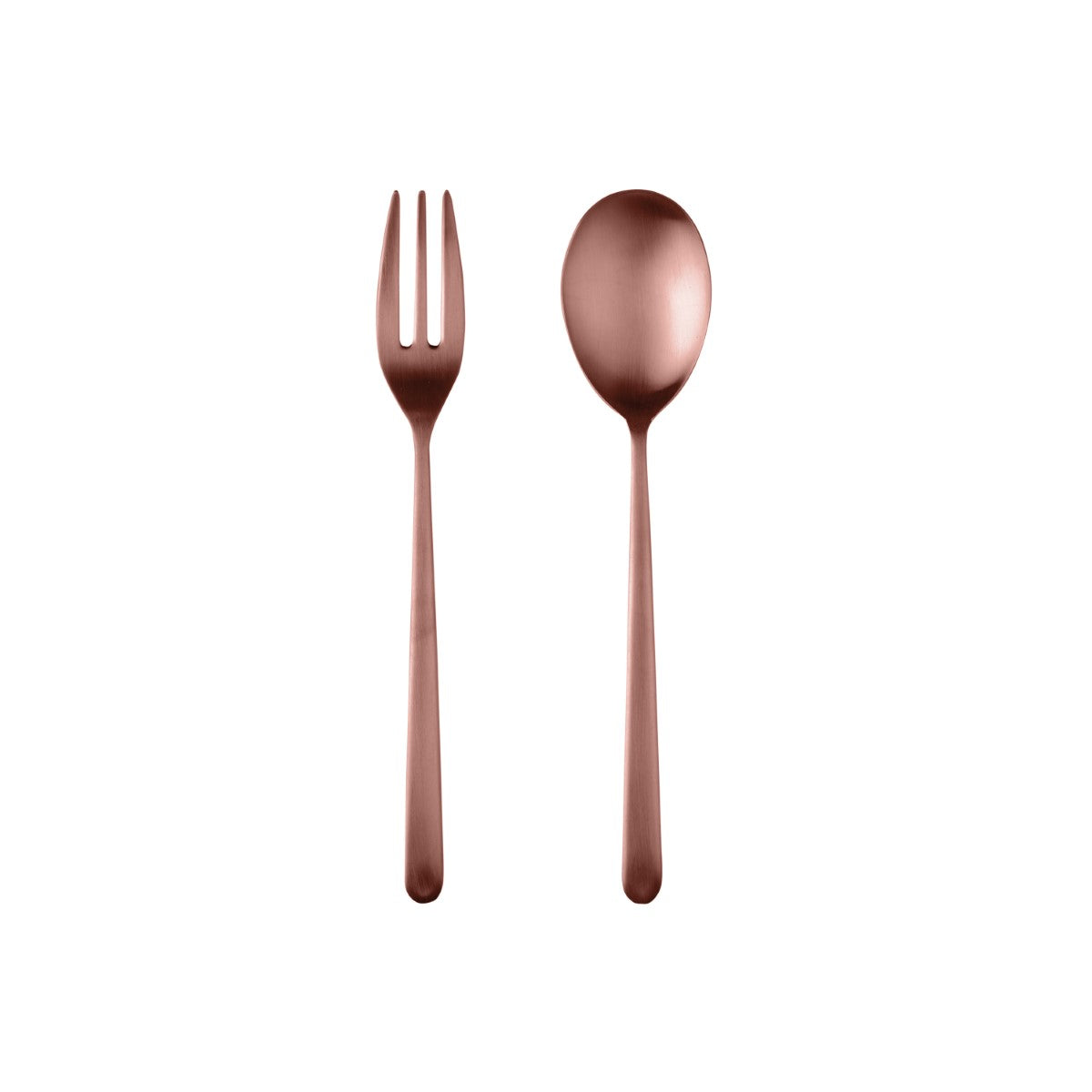 Rose gold fork and spoon on a white background