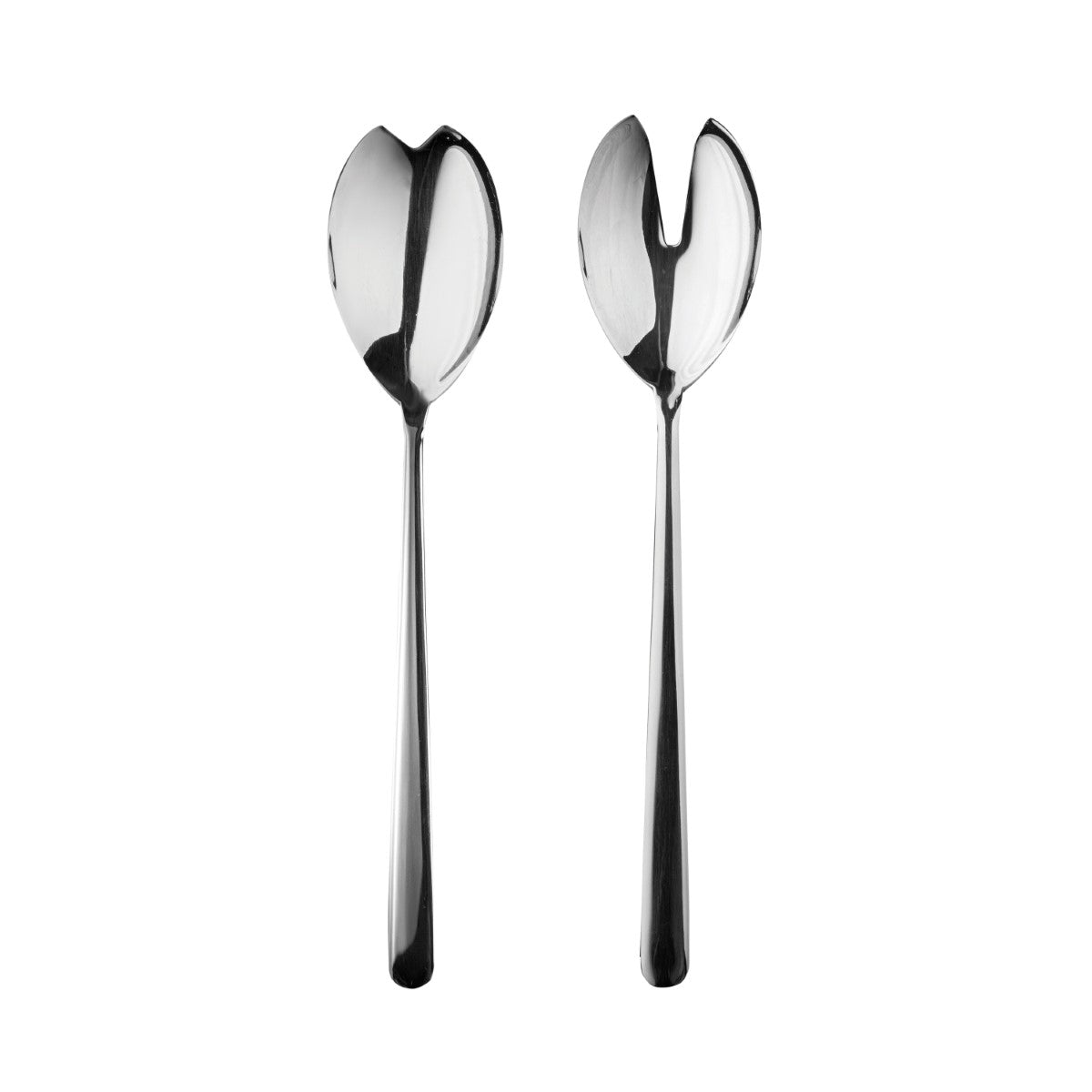Two silver salad servers on a white background
