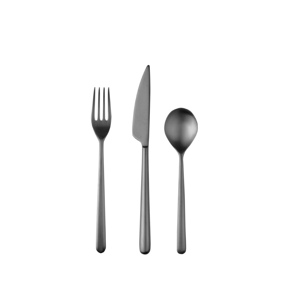 Set of gray cutlery including a fork, knife, and spoon on a white background