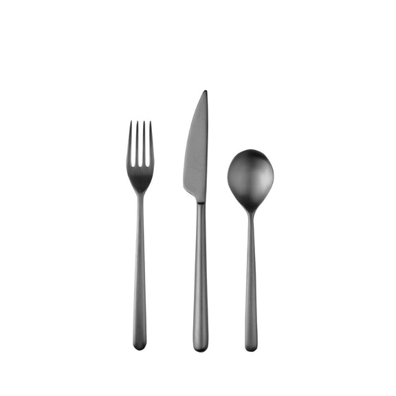 Set of gray cutlery including a fork, knife, and spoon on a white background