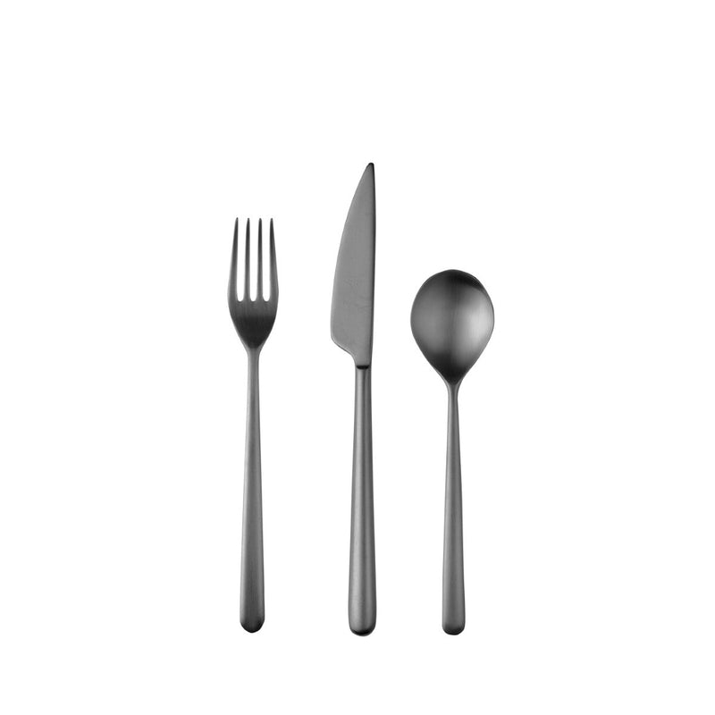 Set of gray cutlery including a fork, knife, and spoon on a white background