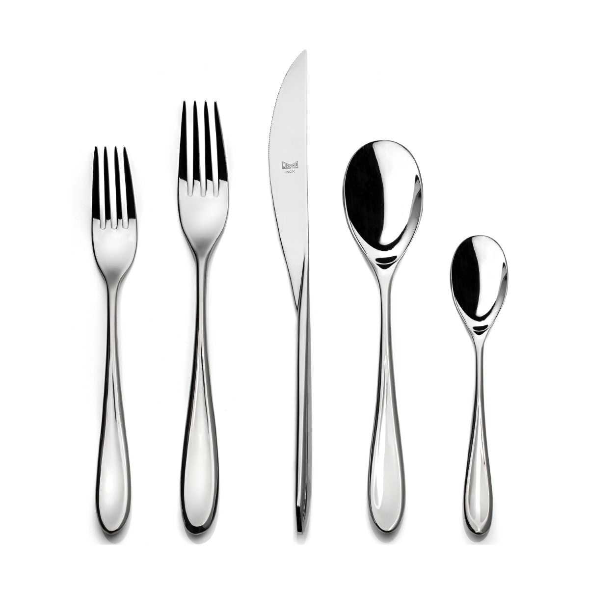 Set of silver cutlery including forks, knife, and spoons on a white background