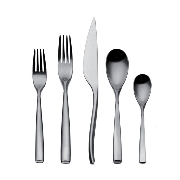 Set of silver cutlery including two forks, a knife, and two spoons on a white background