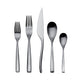 Set of silver cutlery including two forks, a knife, and two spoons on a white background