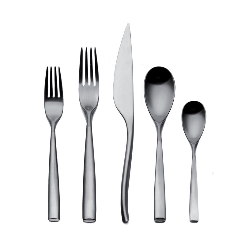 Set of silver cutlery including two forks, a knife, and two spoons on a white background