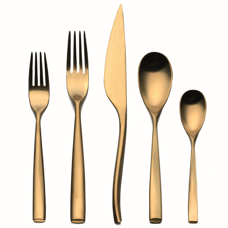 Set of gold-colored cutlery including a knife, two forks, and two spoons on a white background.