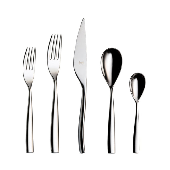 Set of silver cutlery including forks and knives on a white background