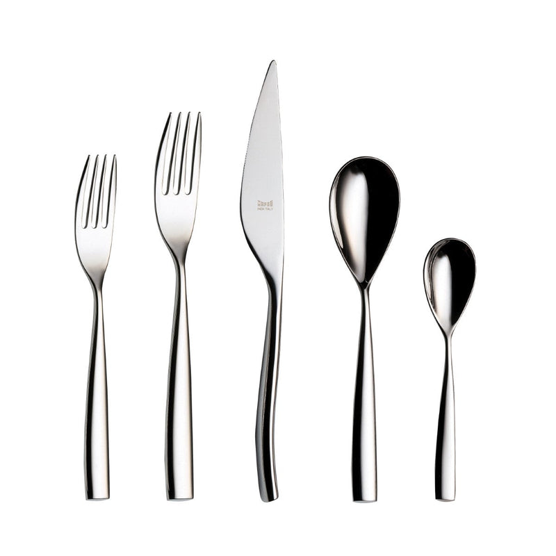 Set of silver cutlery including forks and knives on a white background