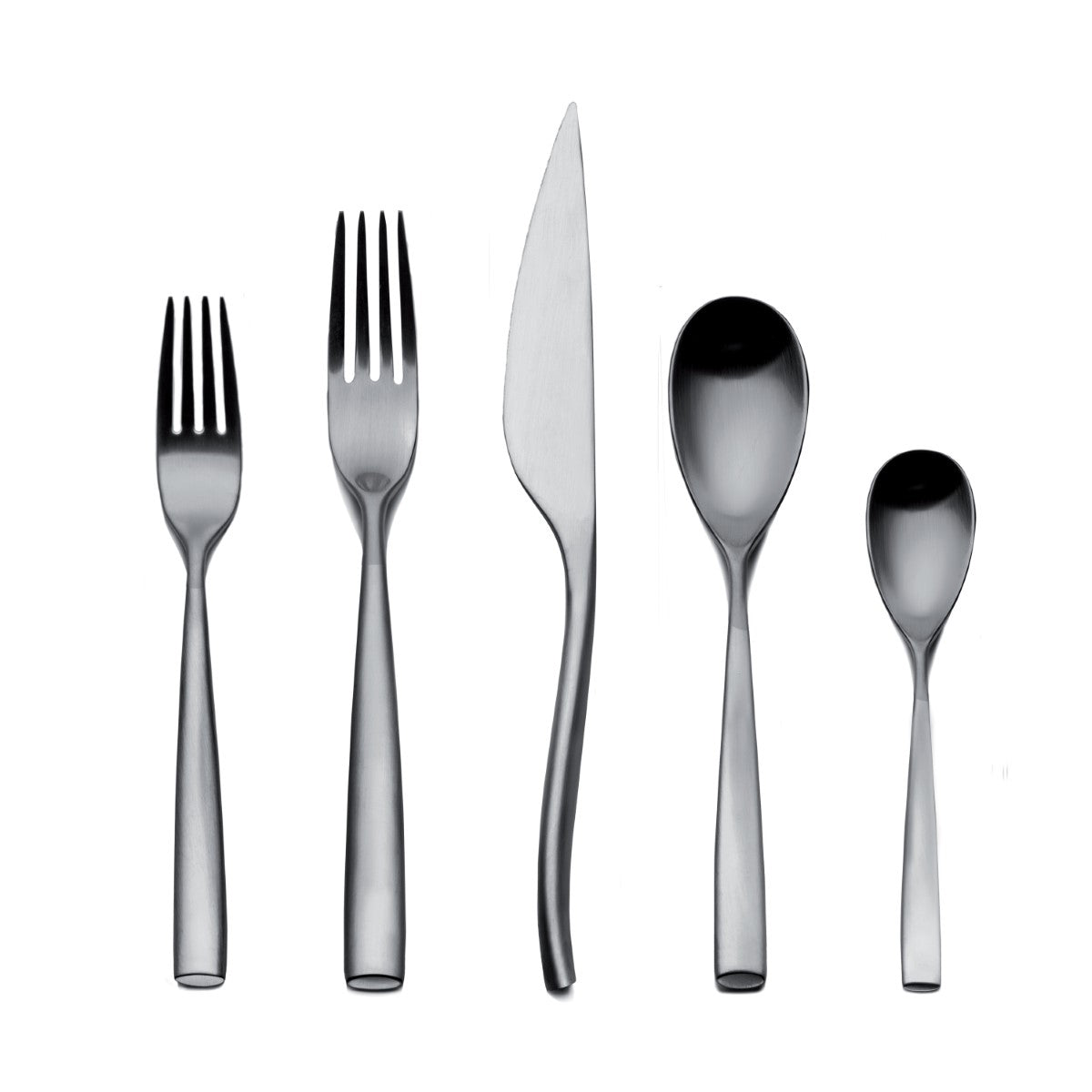 Set of silver cutlery including two forks, a knife, and two spoons on a white background