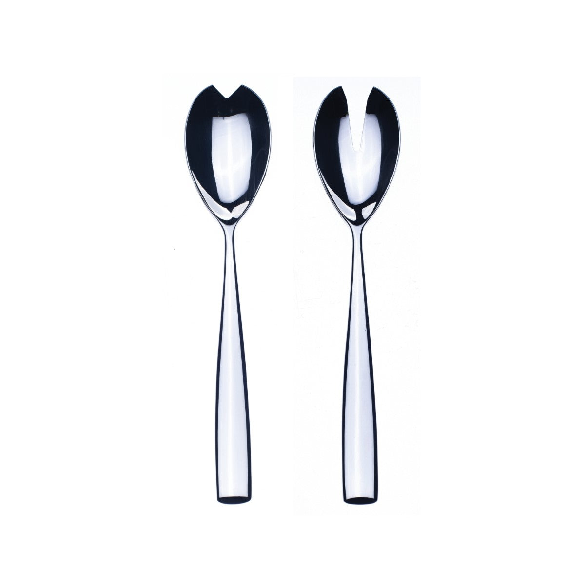 Two silver salad servers on a white background