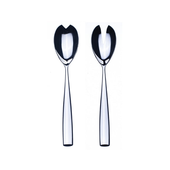 Two silver salad servers on a white background