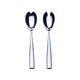 Two silver salad servers on a white background