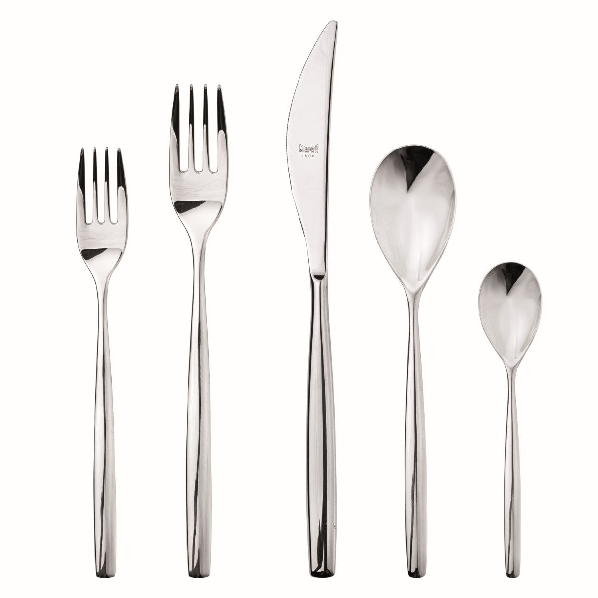 Set of silver cutlery including fork, knife, and spoons on a white background