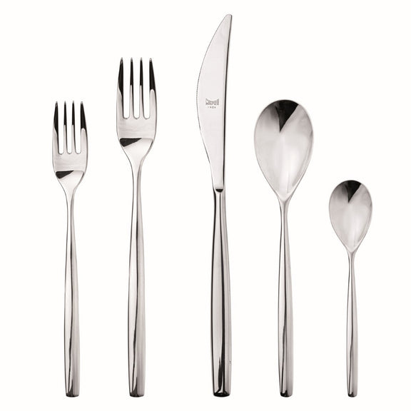 Set of silver cutlery including fork, knife, and spoons on a white background
