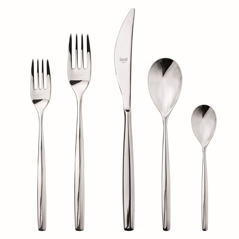 Set of silver cutlery including fork, knife, and spoons on a white background