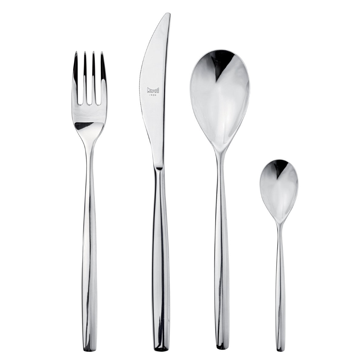 Set of silver cutlery including a fork, knife, and two spoons on a white background