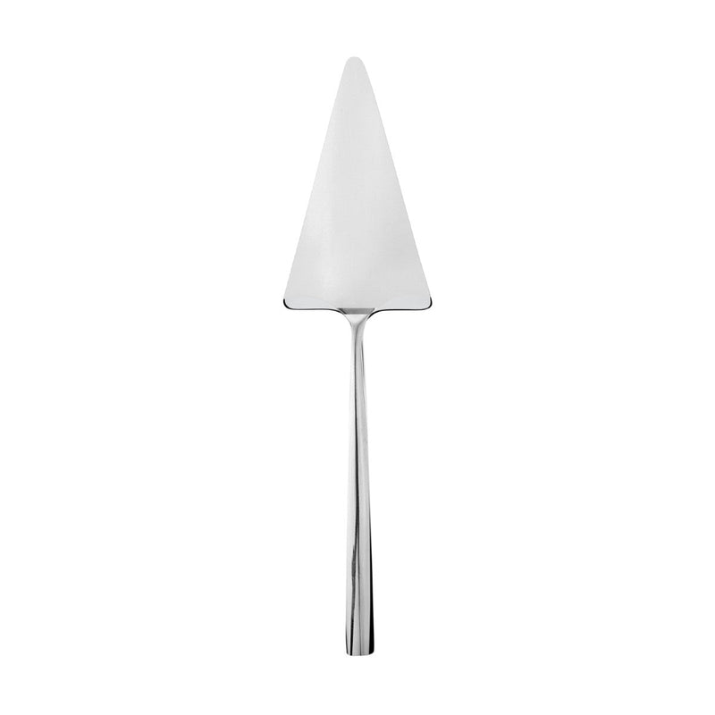 Metal cake server with a pointed blade on a white background