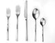 Set of silver cutlery including forks, knife, and spoons on a white background