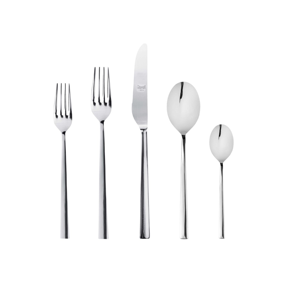 Set of silver cutlery including forks, knives, and spoons on a white background