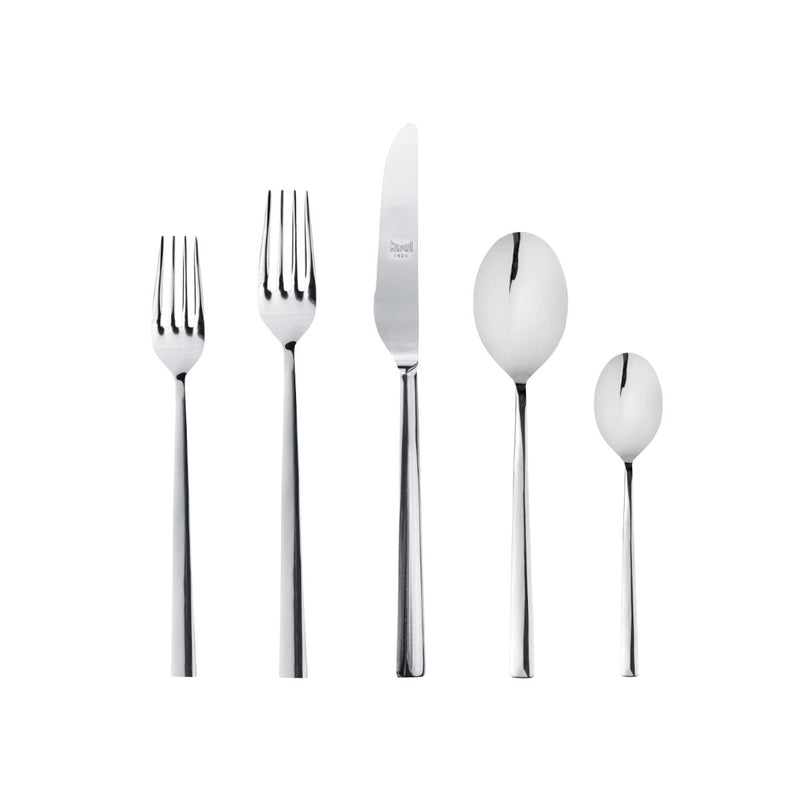 Set of silver cutlery including forks, knives, and spoons on a white background