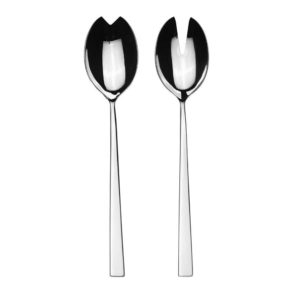 Two silver salad servers with unique handles on a white background
