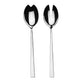 Two silver salad servers with unique handles on a white background