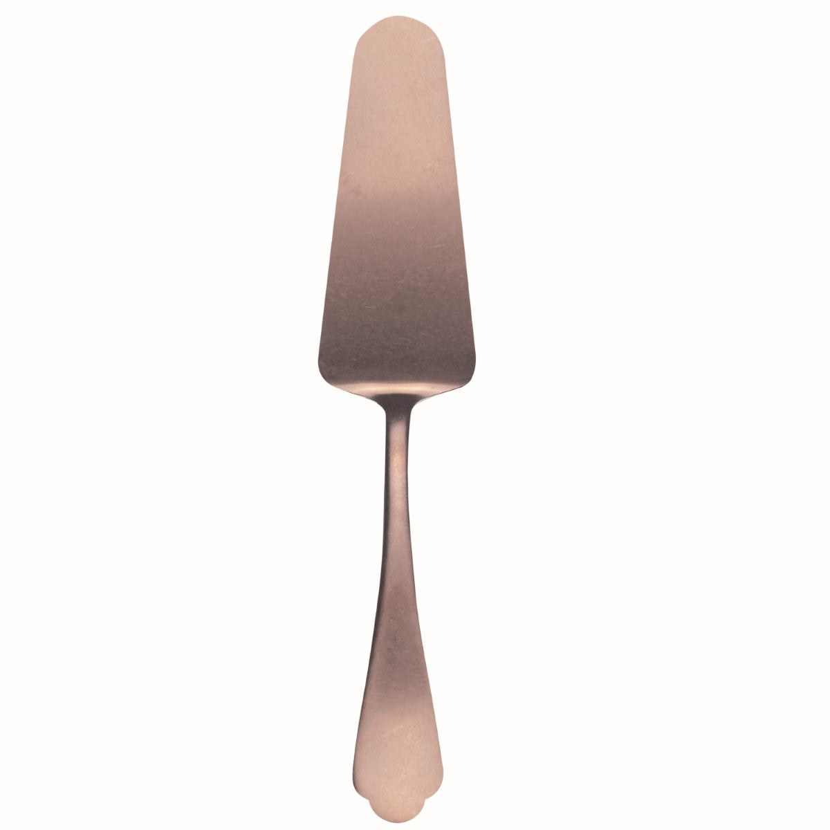 Rose gold cake server on a white background