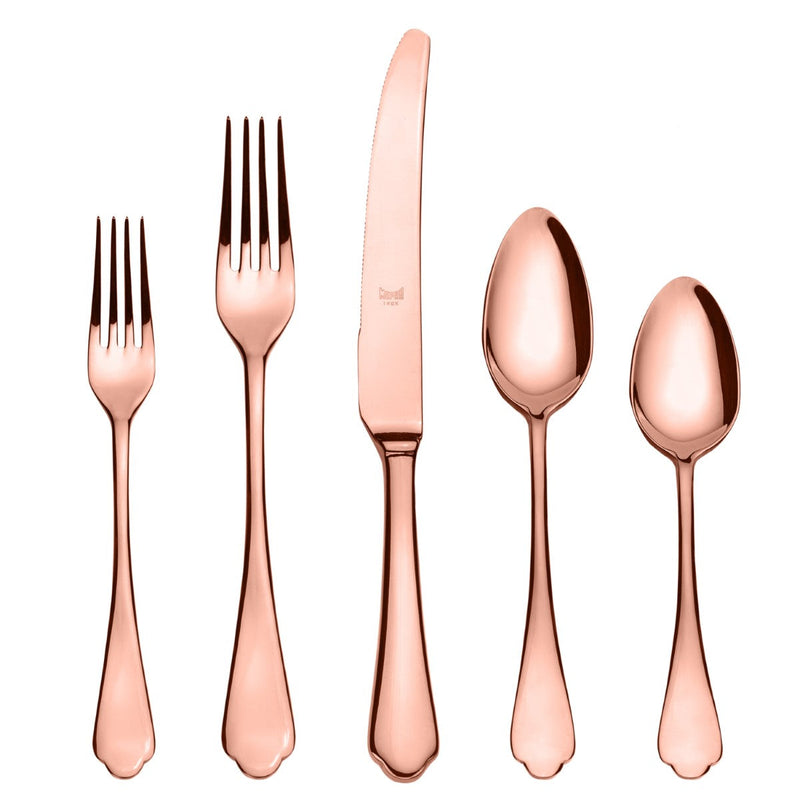 Set of rose gold cutlery including two forks, a knife, and two spoons on a white background.