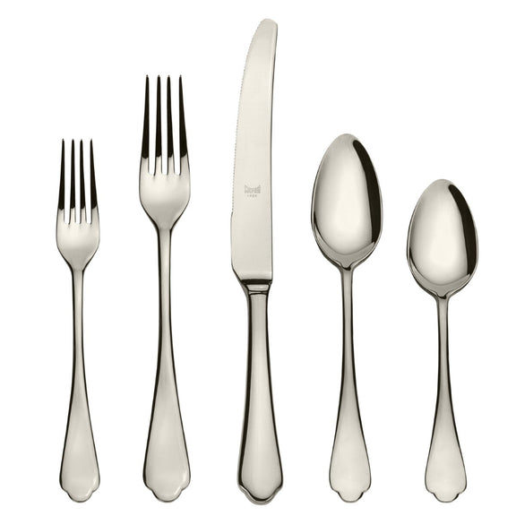 Set of silver cutlery including two forks, two spoons, and a knife on a white background.