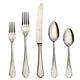 Set of silver cutlery including two forks, two spoons, and a knife on a white background.