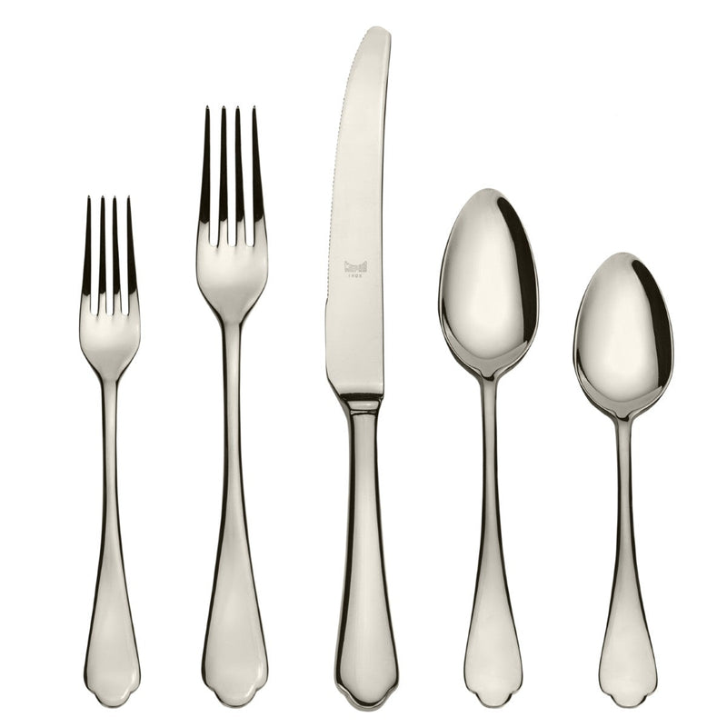 Set of silver cutlery including two forks, two spoons, and a knife on a white background.