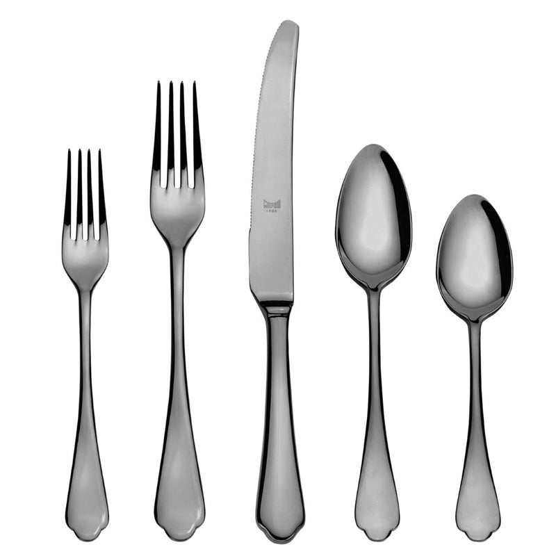 Set of silver cutlery including two forks, two spoons, and a knife on a white background.