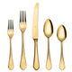 Set of gold cutlery including two forks, a knife, and two spoons on a white background.