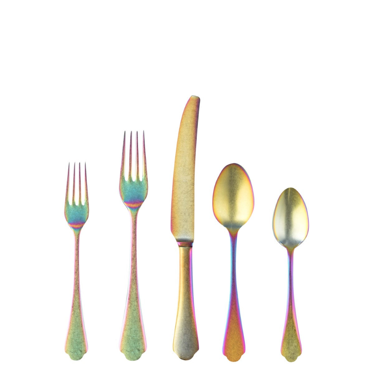 Set of colorful cutlery including two forks, a knife, and two spoons on a white background.
