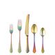 Set of colorful cutlery including two forks, a knife, and two spoons on a white background.