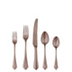 Set of rose gold flatware including two forks, two spoons, and a knife on a white background.