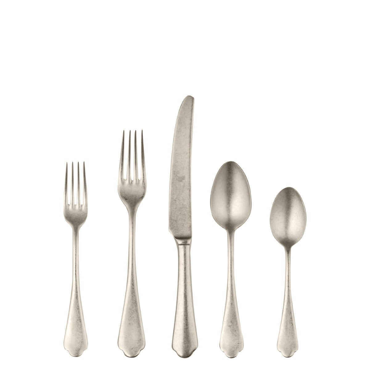 Set of silver cutlery including two forks, a knife, and two spoons on a white background