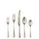 Set of silver cutlery including two forks, a knife, and two spoons on a white background