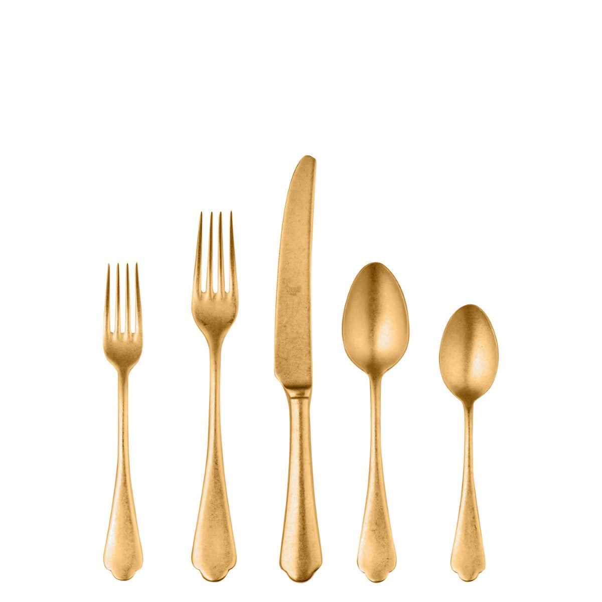 Set of gold-colored cutlery including two forks, a knife, and two spoons on a white background.