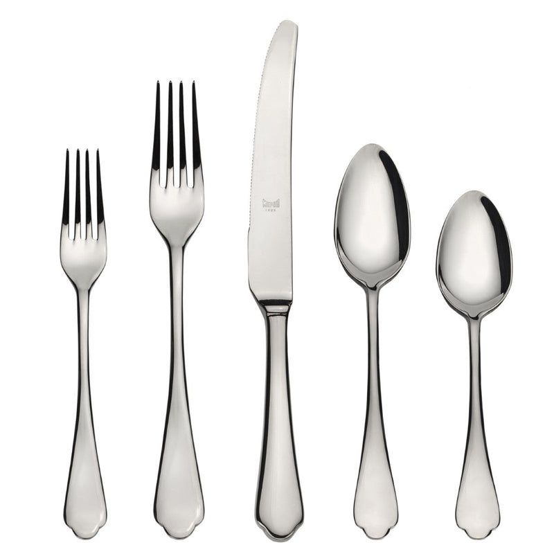 Set of silver cutlery including two forks, two spoons, and a knife on a white background.